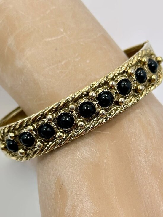 Jewelry - Vintage Bracelet, Victorian Revival, Hinged, Etched, Gold Tone, Black Glass